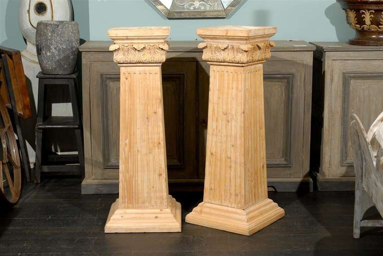 Pair of Square Shapes Stripped Wood Pedestals