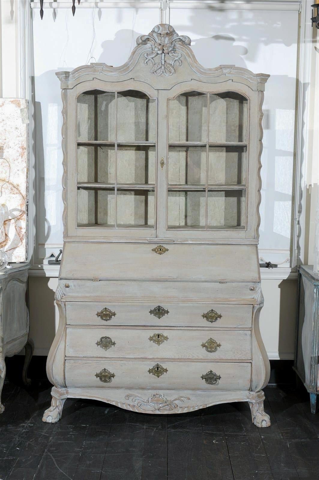 Rococo 19th Century European Glass Door Painted Wood Bureau Bookcase