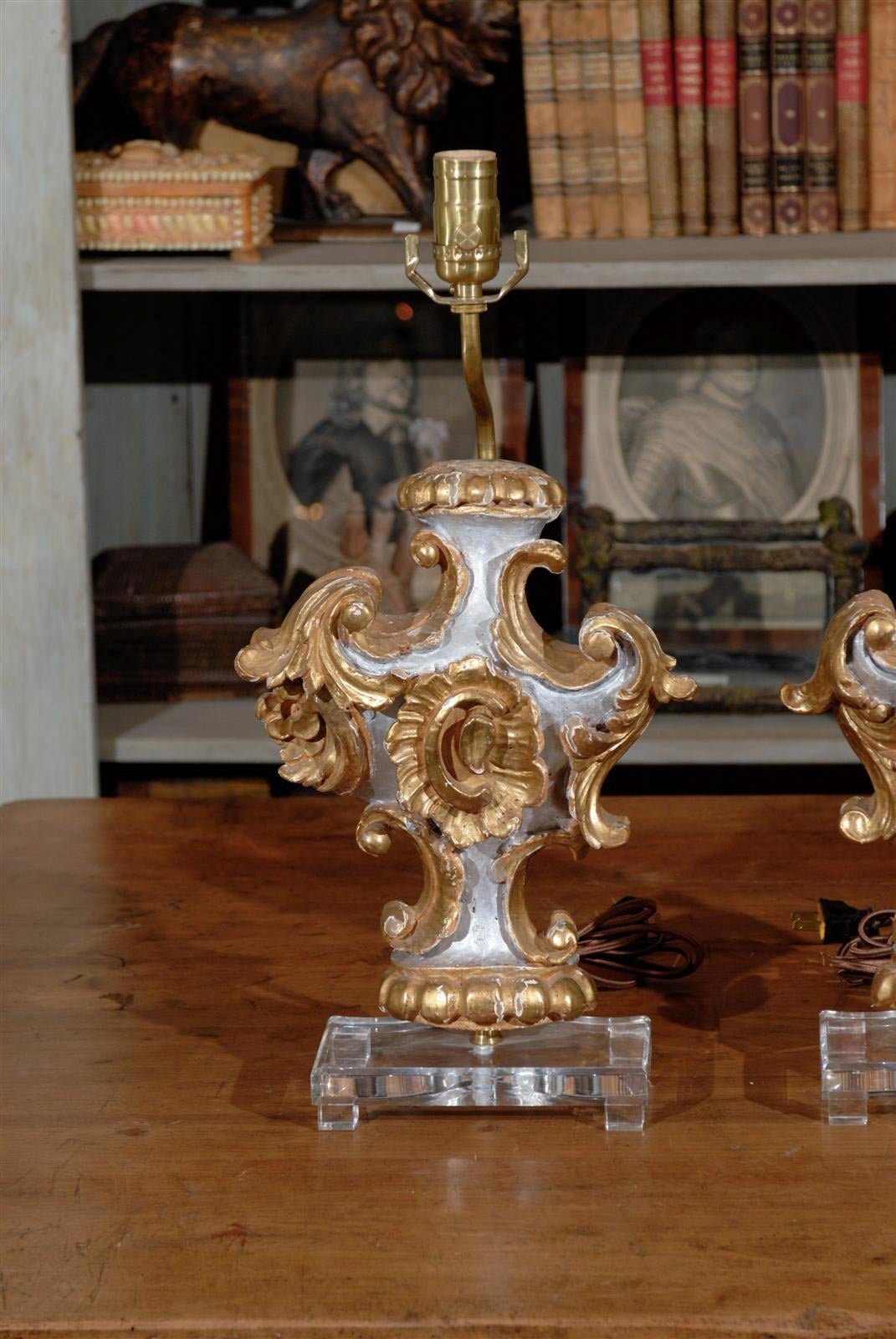 Pair of 19th Century Italian Rococo Style Gilded Wood Fragment Table Lamps In Good Condition In Atlanta, GA