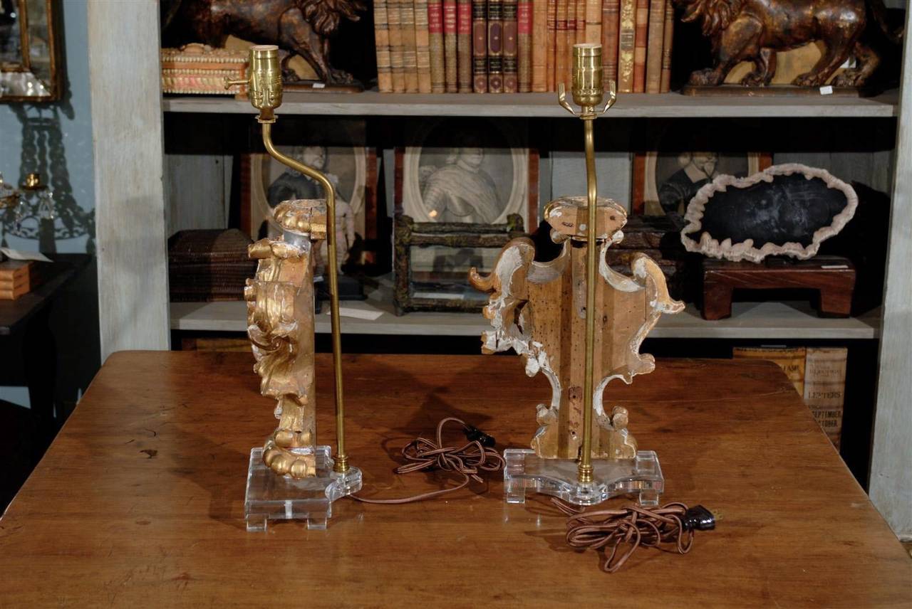 Pair of 19th Century Italian Rococo Style Gilded Wood Fragment Table Lamps 3