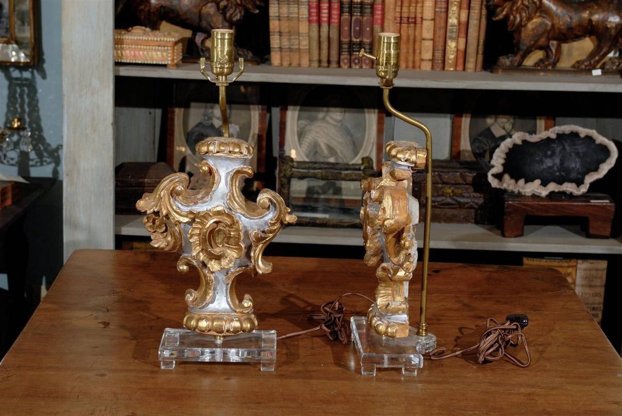 Pair of 19th Century Italian Rococo Style Gilded Wood Fragment Table Lamps 2