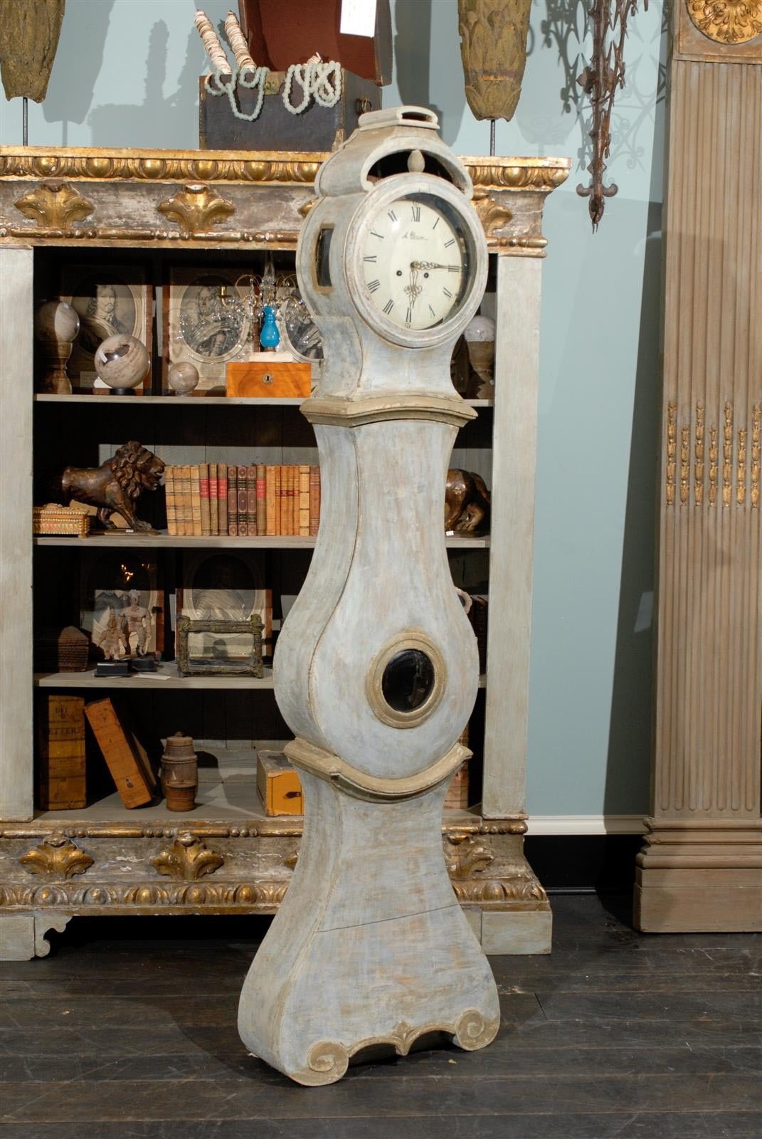 Glass Swedish 19th Century Painted Wood Clock with Scroll Feet