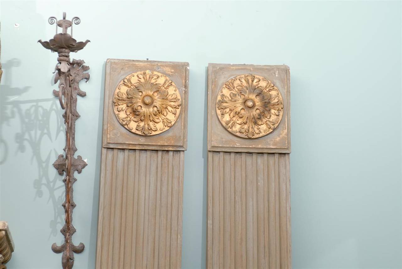 Wood Pair of 19th Century Italian Painted and Gilded Pilasters with Gilded Medallions
