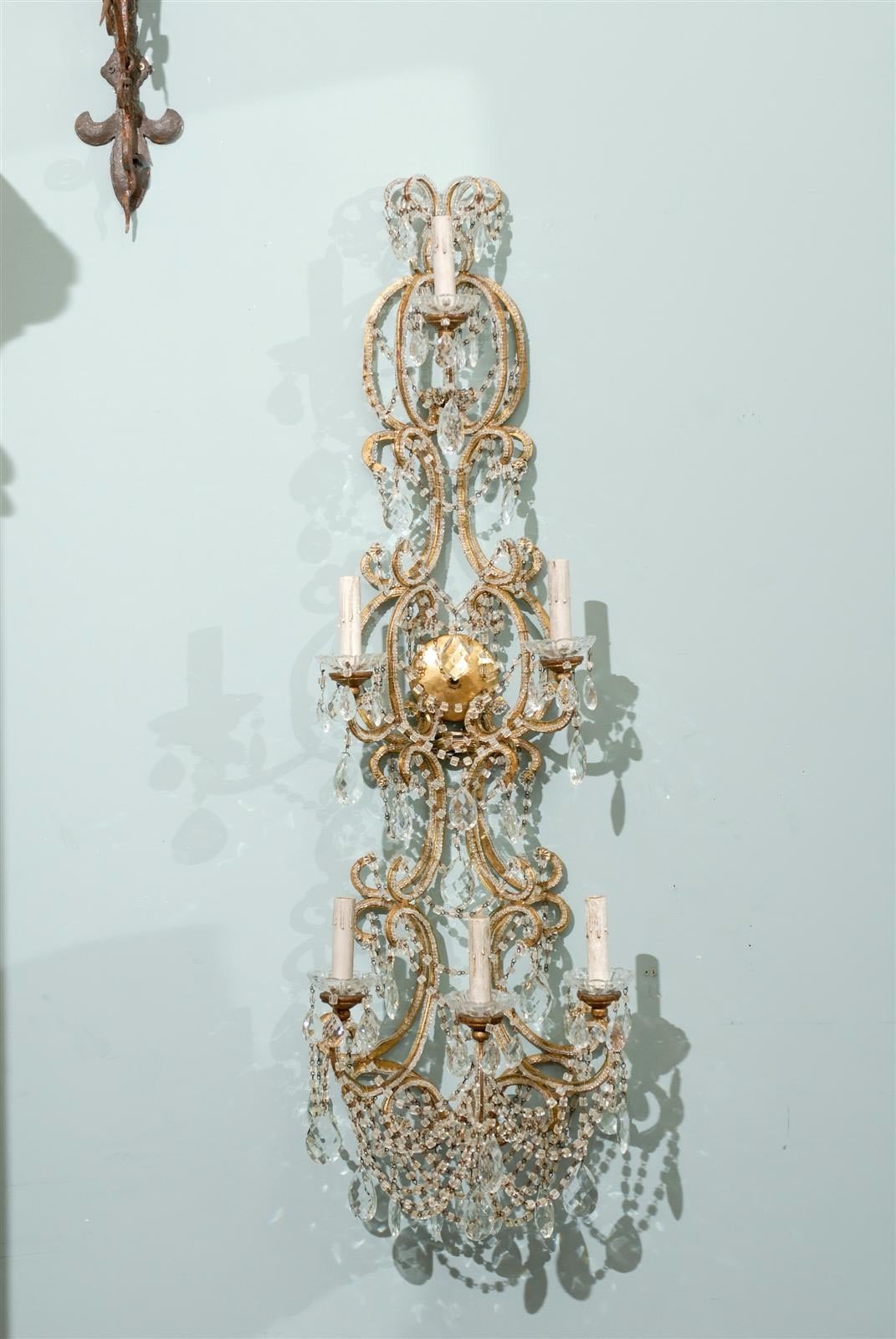 20th Century Pair of Unusually Tall Italian Six-Light, Three-Tier Sconces