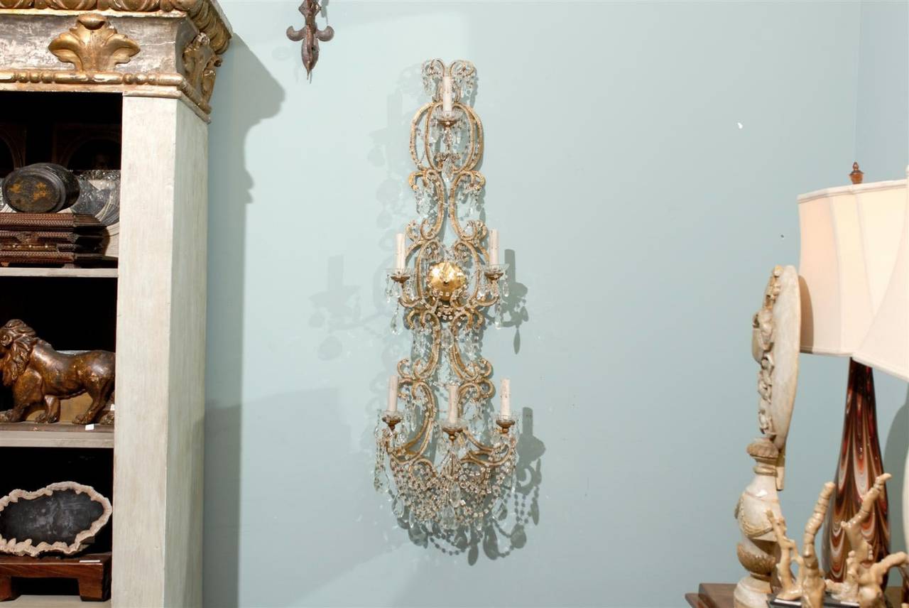 Pair of Unusually Tall Italian Six-Light, Three-Tier Sconces In Good Condition In Atlanta, GA