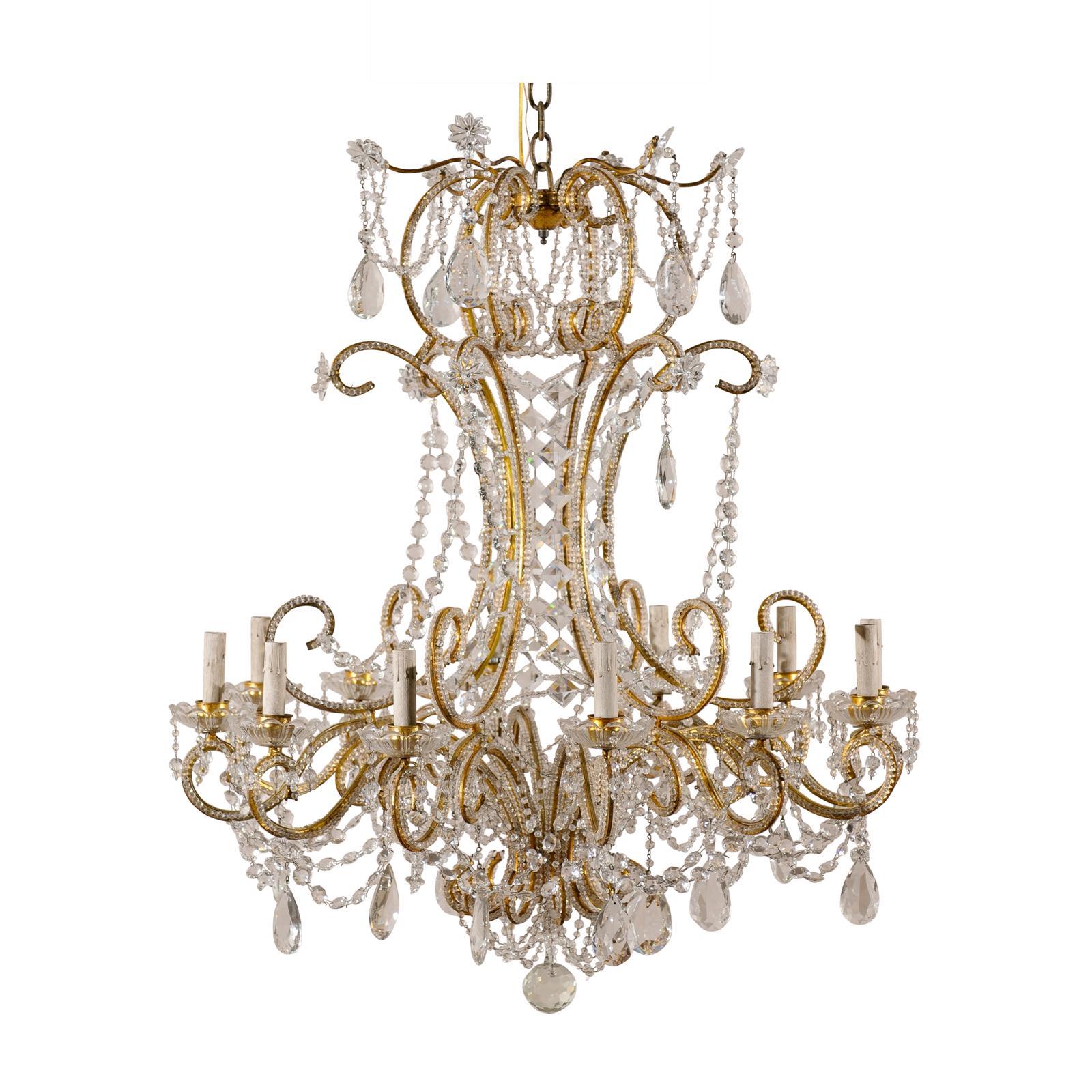 Italian Vintage Twelve-Light Crystal Chandelier with Beaded and Scrolled Arms