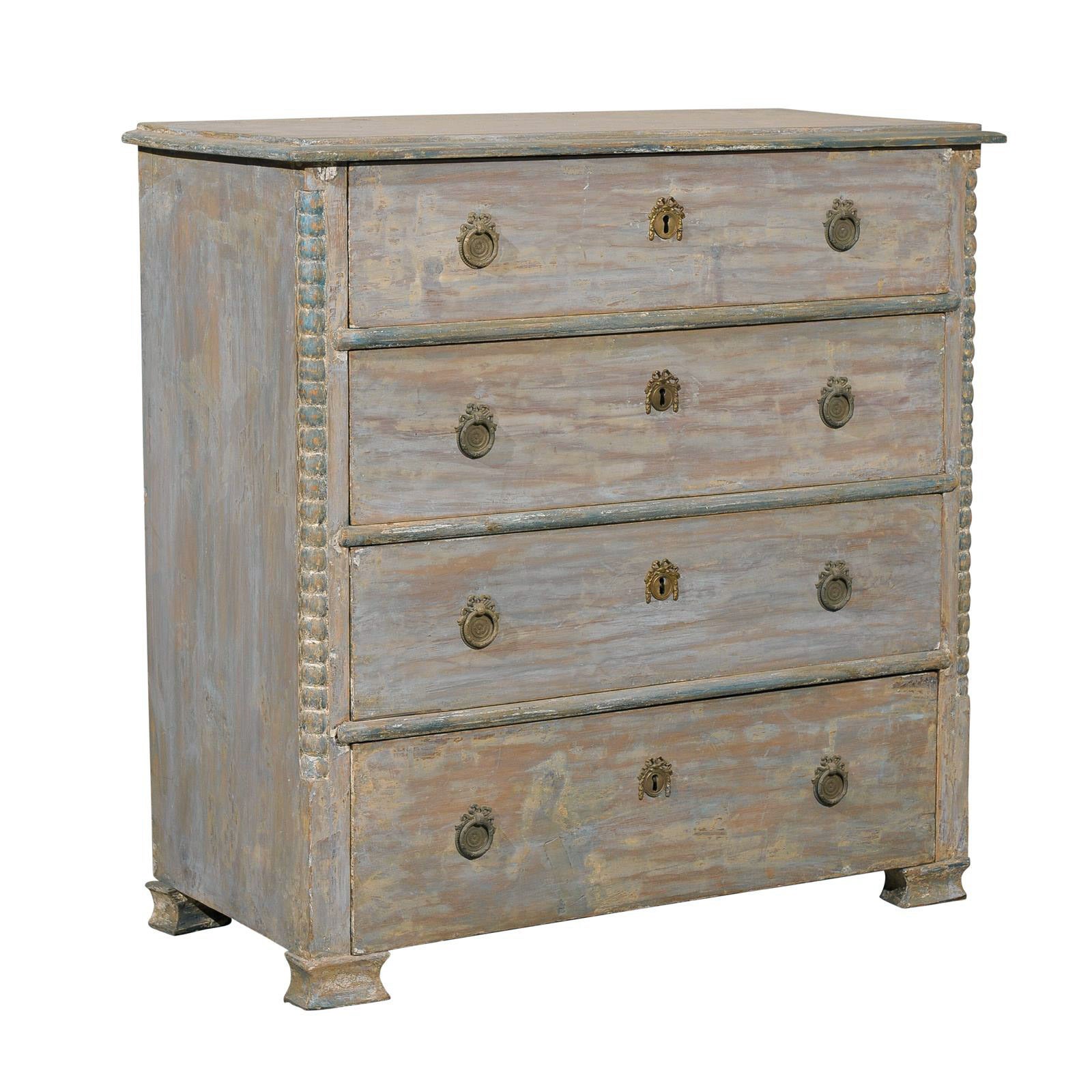 Swedish 19th Century Karl Johan Four-Drawer Painted Wood Chest with Carved Edges