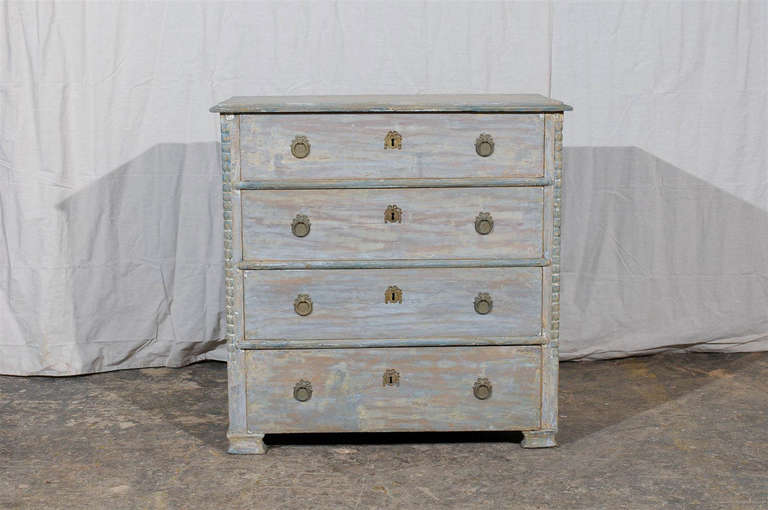Swedish 19th Century Karl Johan Four-Drawer Painted Wood Chest with Carved Edges 1