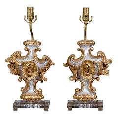 Antique Pair of 19th Century Italian Rococo Style Gilded Wood Fragment Table Lamps