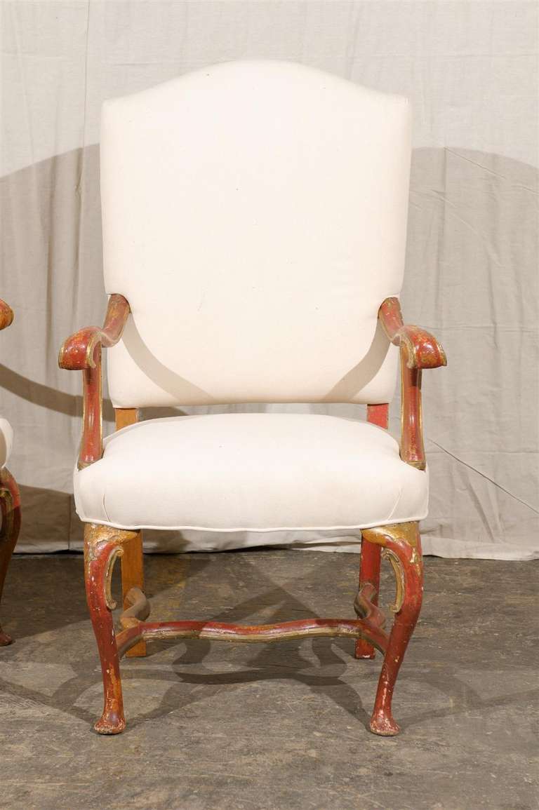 Pair of Italian Late 19th Century Red and Gold Painted Armchairs 4