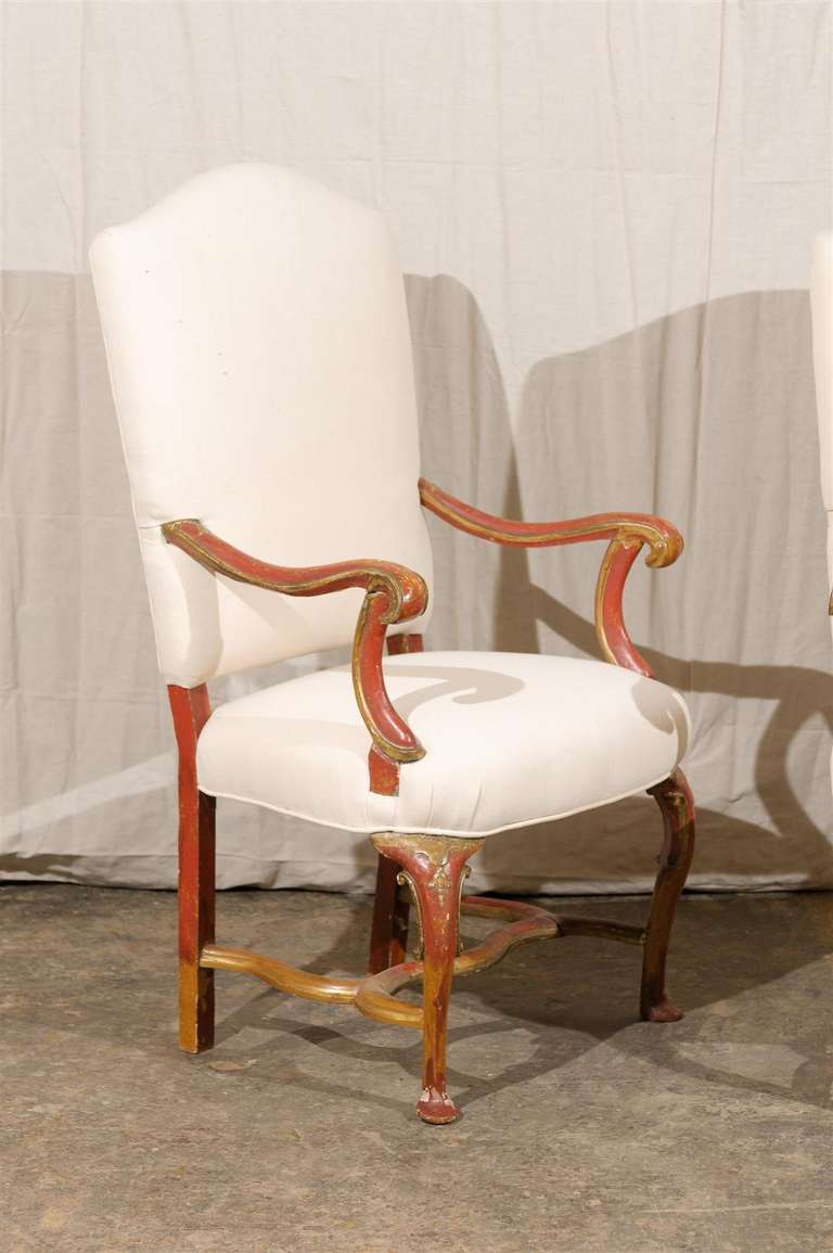 Pair of Italian Late 19th Century Red and Gold Painted Armchairs 3