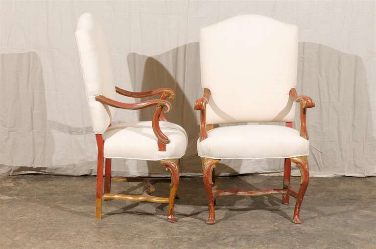 Pair of Italian Late 19th Century Red and Gold Painted Armchairs 2