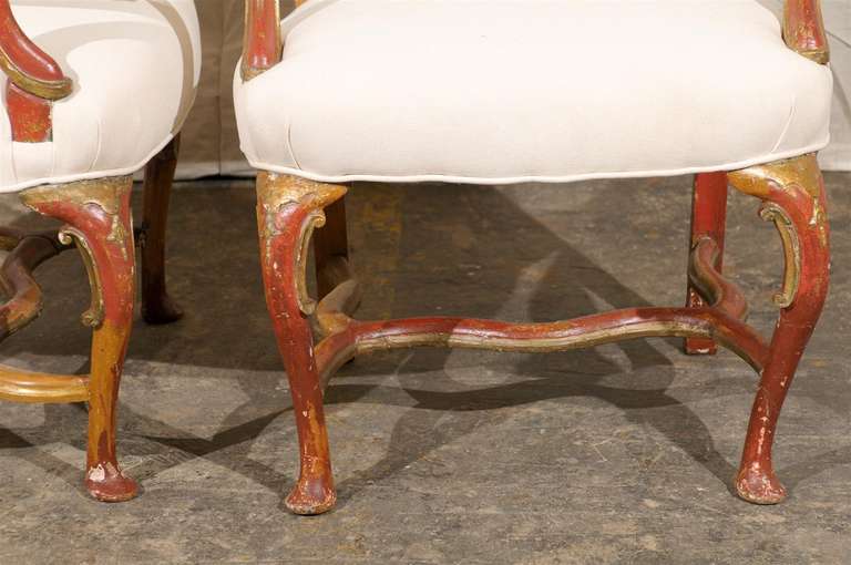 Pair of Italian Late 19th Century Red and Gold Painted Armchairs 1
