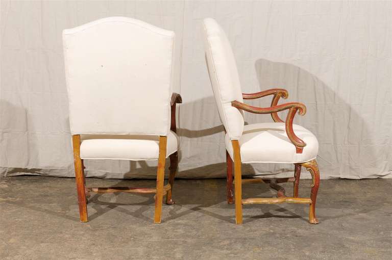 Upholstery Pair of Italian Late 19th Century Red and Gold Painted Armchairs