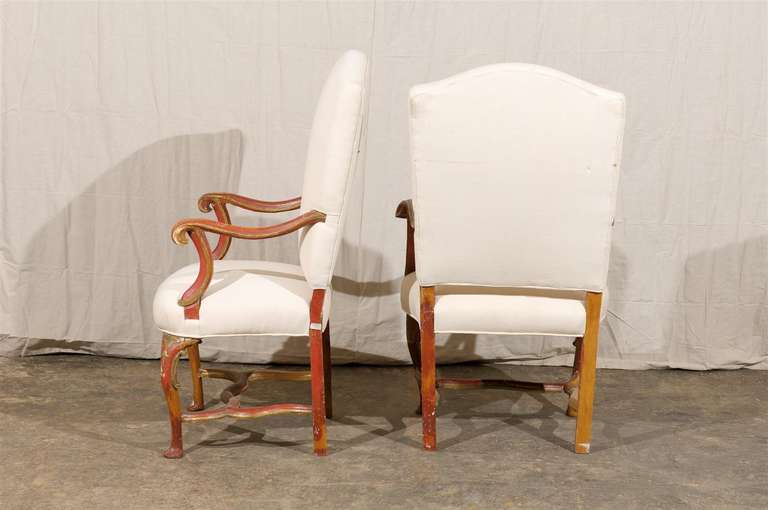 Pair of Italian Late 19th Century Red and Gold Painted Armchairs In Good Condition In Atlanta, GA