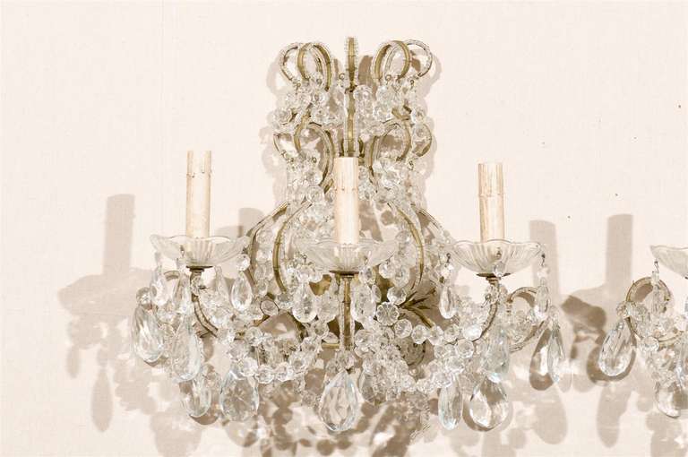 Pair of Italian Three-Light Crystal Sconces with Ornate Crystal and Glass Detail 1