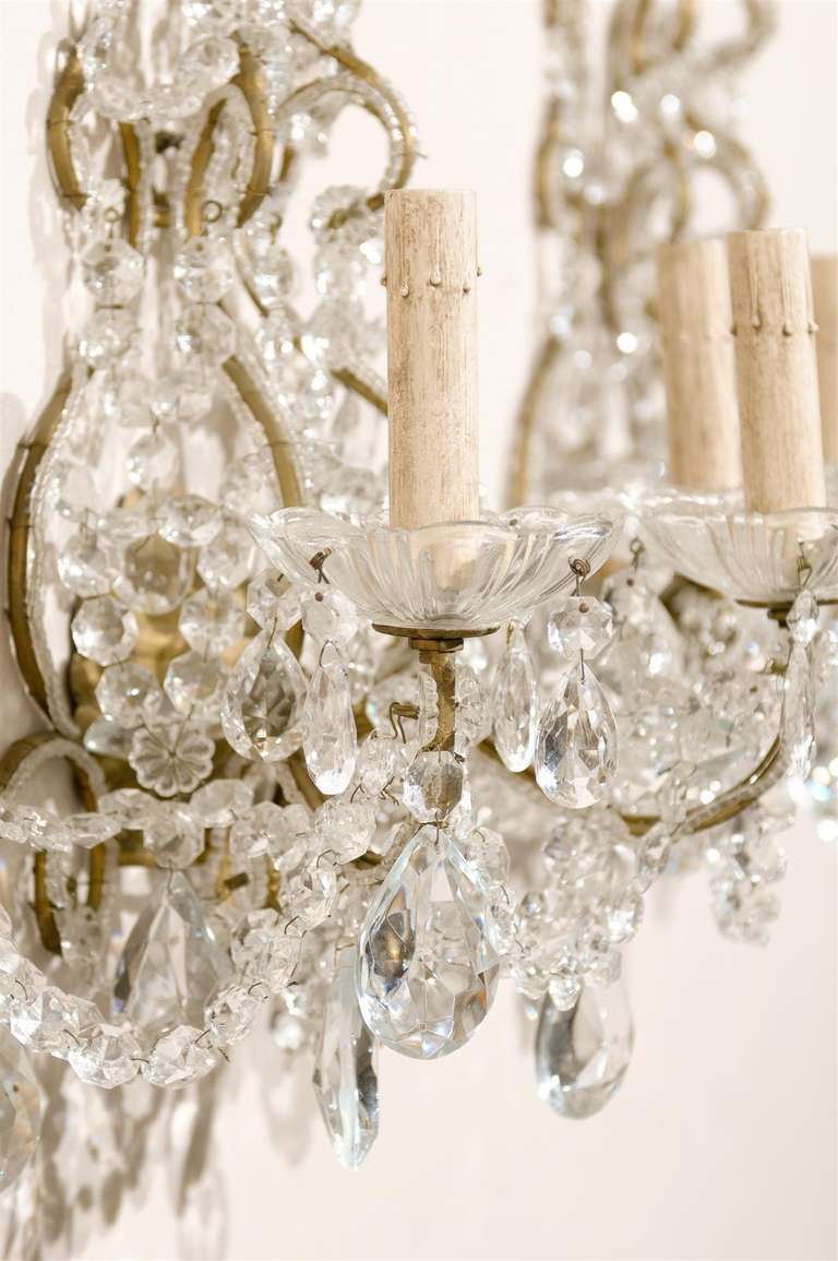 Metal Pair of Italian Three-Light Crystal Sconces with Ornate Crystal and Glass Detail