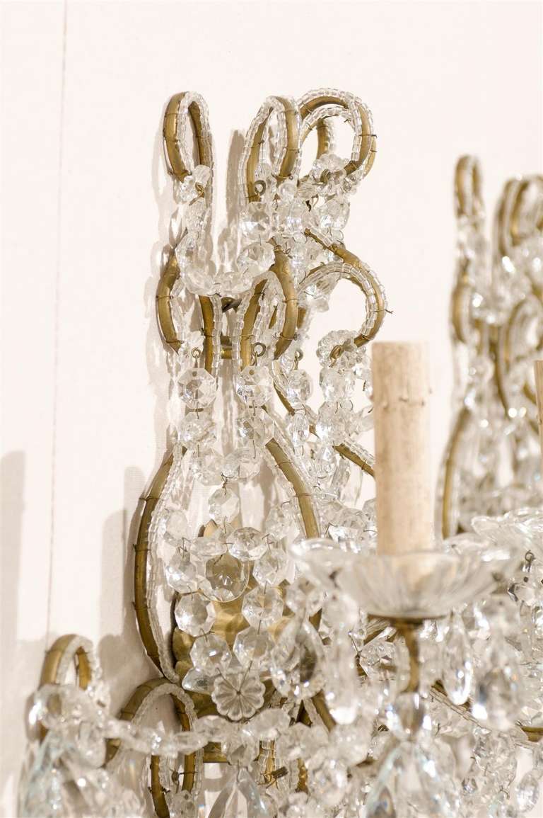 20th Century Pair of Italian Three-Light Crystal Sconces with Ornate Crystal and Glass Detail