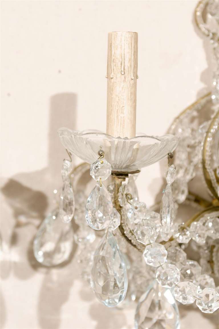 Pair of Italian Three-Light Crystal Sconces with Ornate Crystal and Glass Detail In Good Condition In Atlanta, GA