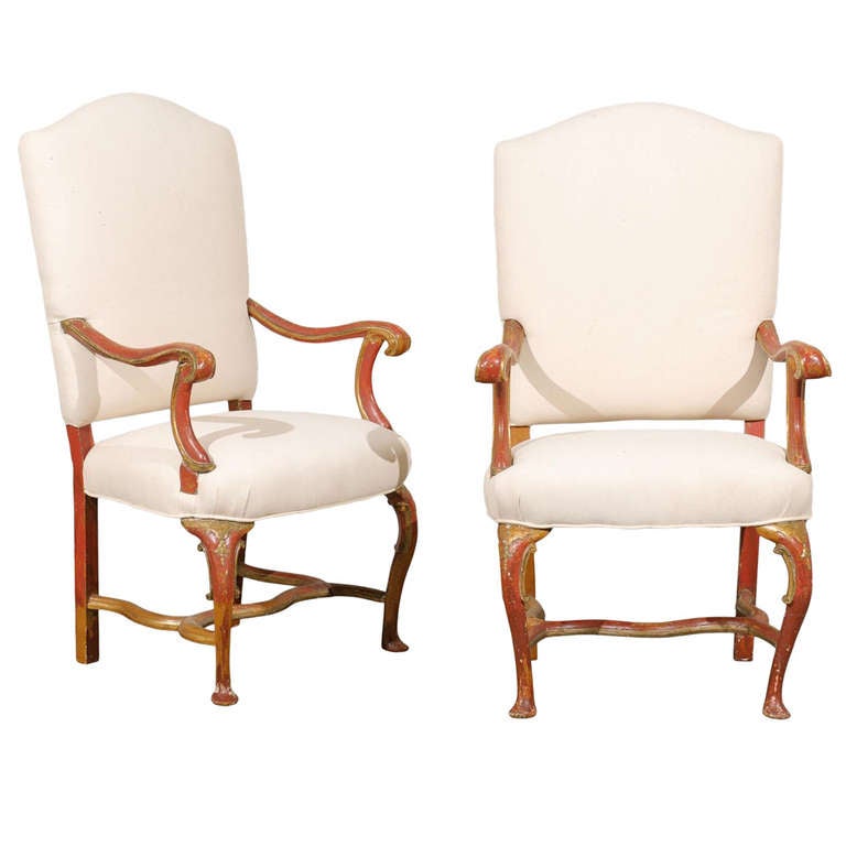 Pair of Italian Late 19th Century Red and Gold Painted Armchairs