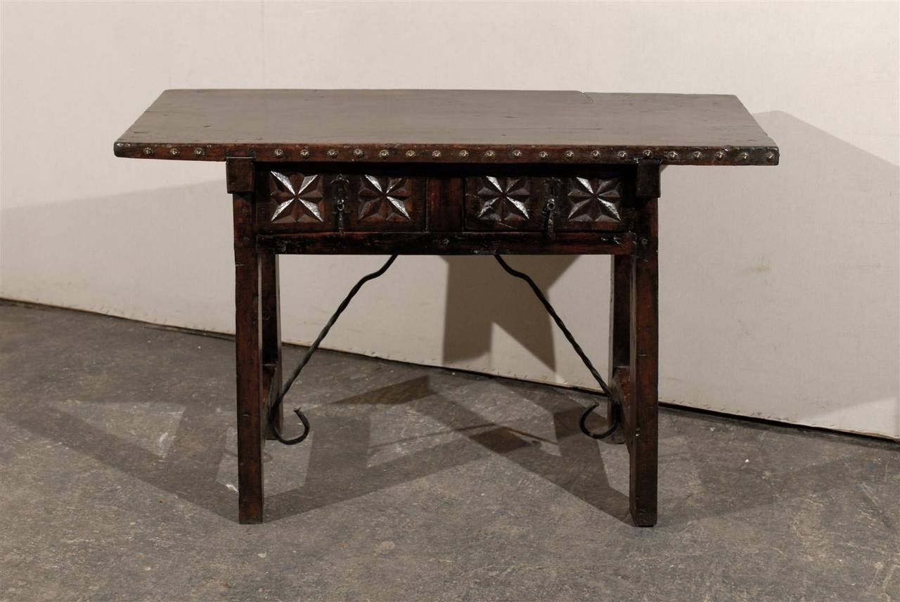 Wood Exquisite Spanish 18th Century Two-Drawer Console or Side Table