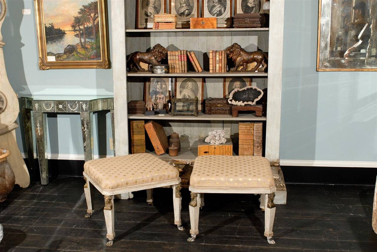 American Pair of Neoclassical Style Upholstered Stools in Cream Color with Paw Feet