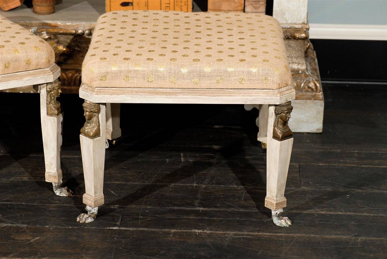 Painted Pair of Neoclassical Style Upholstered Stools in Cream Color with Paw Feet