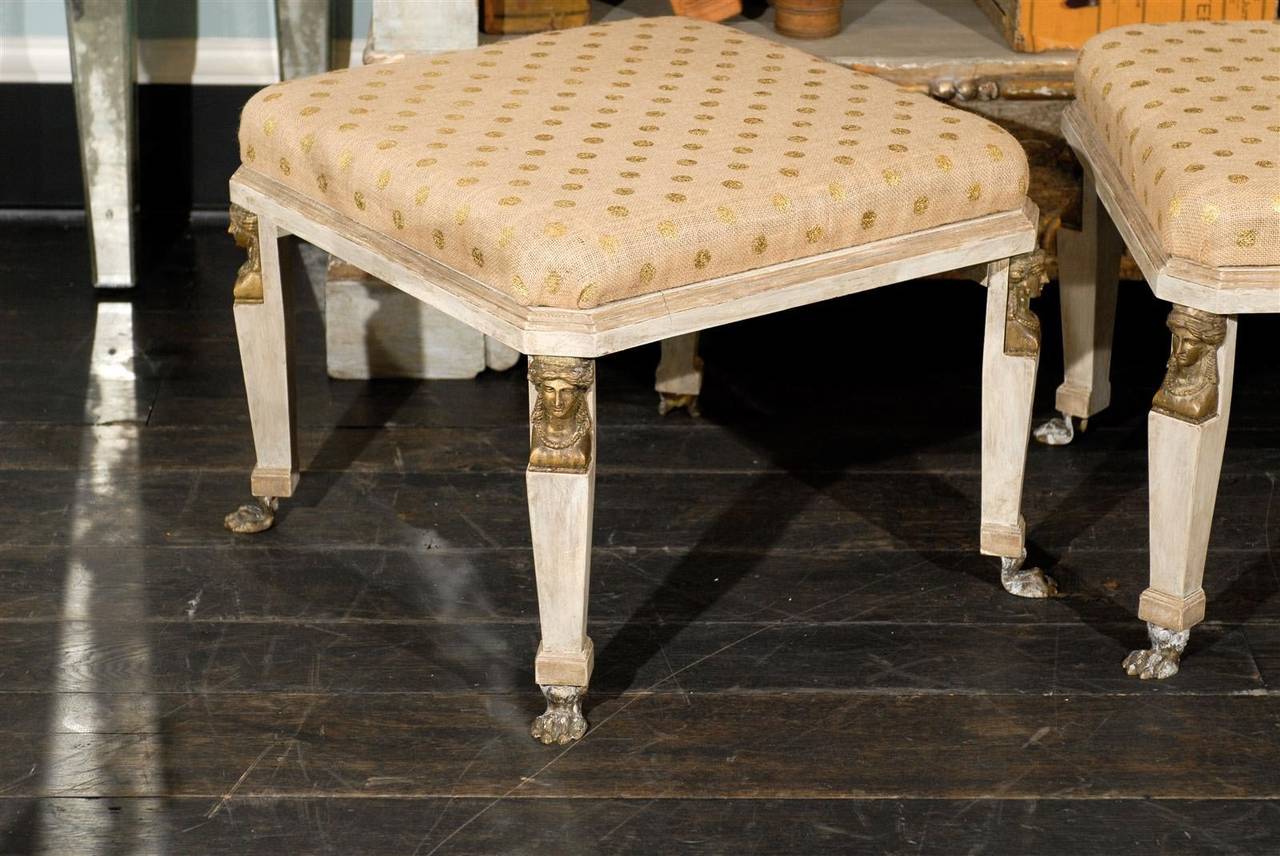 Pair of Neoclassical Style Upholstered Stools in Cream Color with Paw Feet In Good Condition In Atlanta, GA