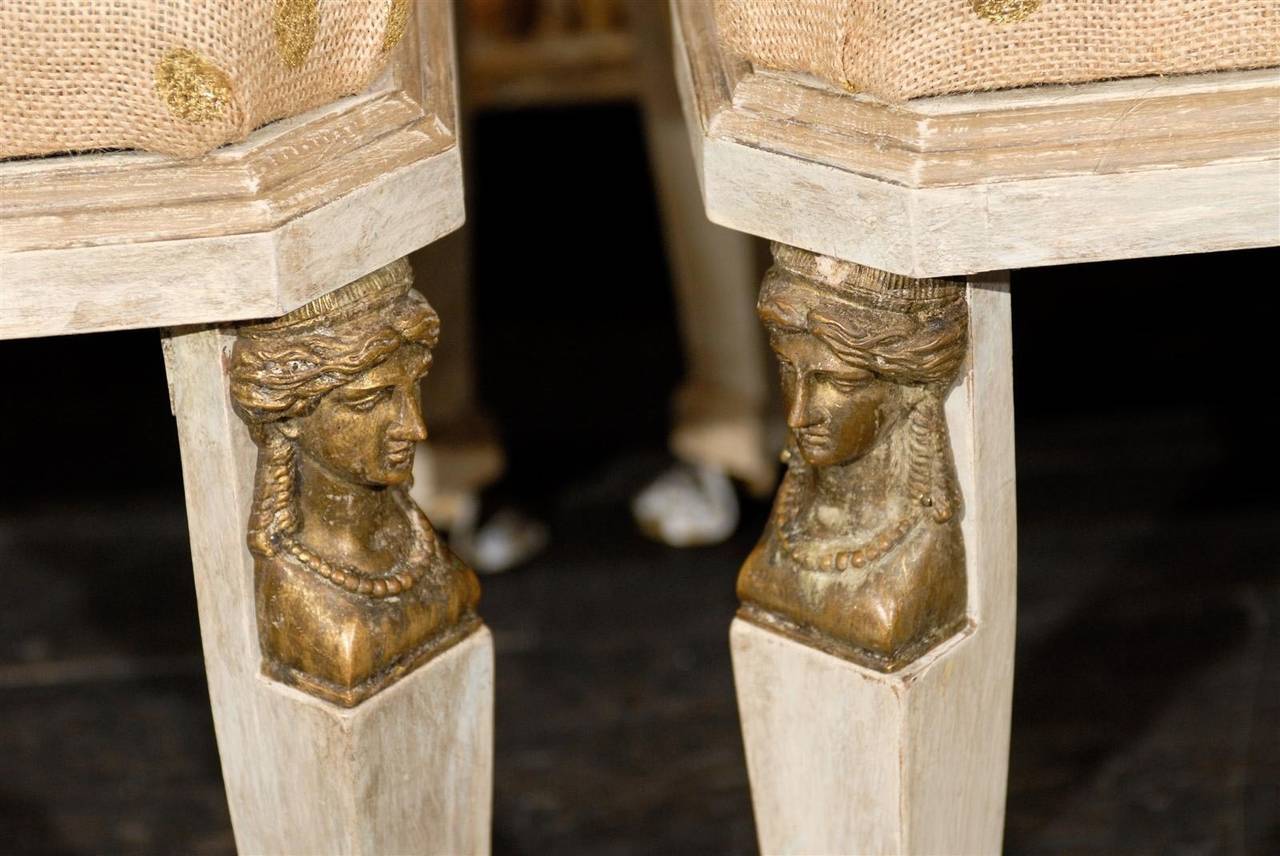 Wood Pair of Neoclassical Style Upholstered Stools in Cream Color with Paw Feet