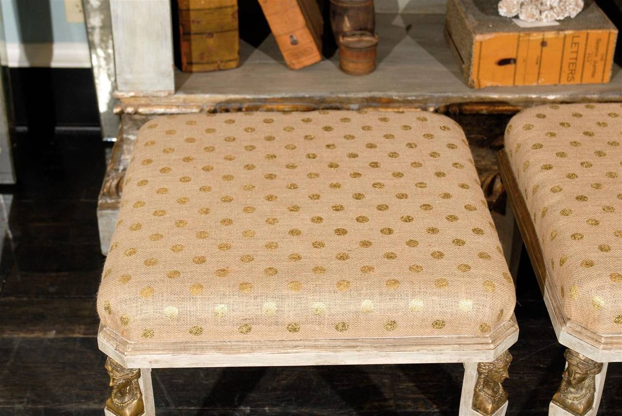 Pair of Neoclassical Style Upholstered Stools in Cream Color with Paw Feet 1