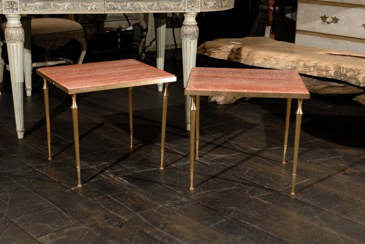 Pair of Red Travertine-Top Drinks Tables