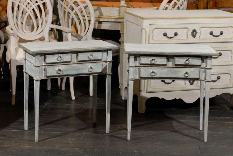 A Pair of Light Blue Three-Drawer Brazilian Side Tables With Tapered Legs.