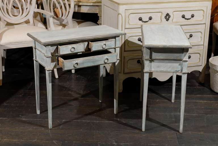 20th Century A Pair of Light Blue Three Drawer Side Tables