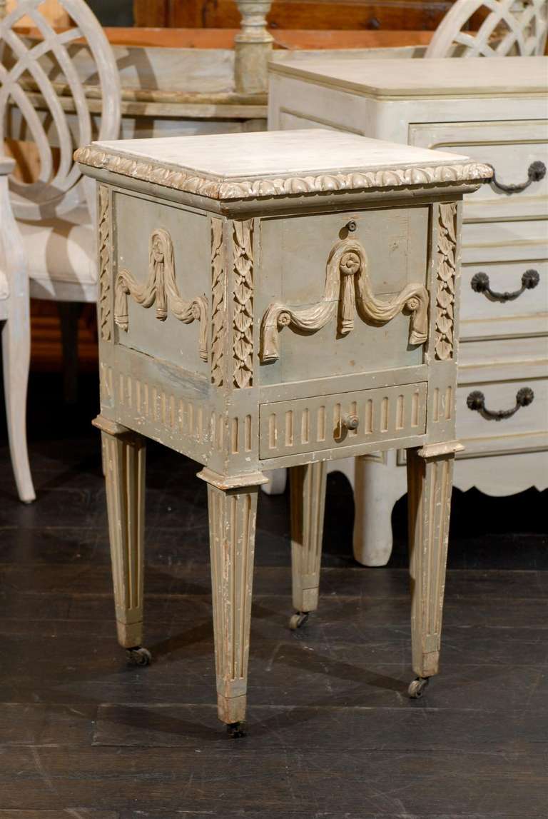 Painted French Drop-Front Nightstand Table on Casters and Marble Top