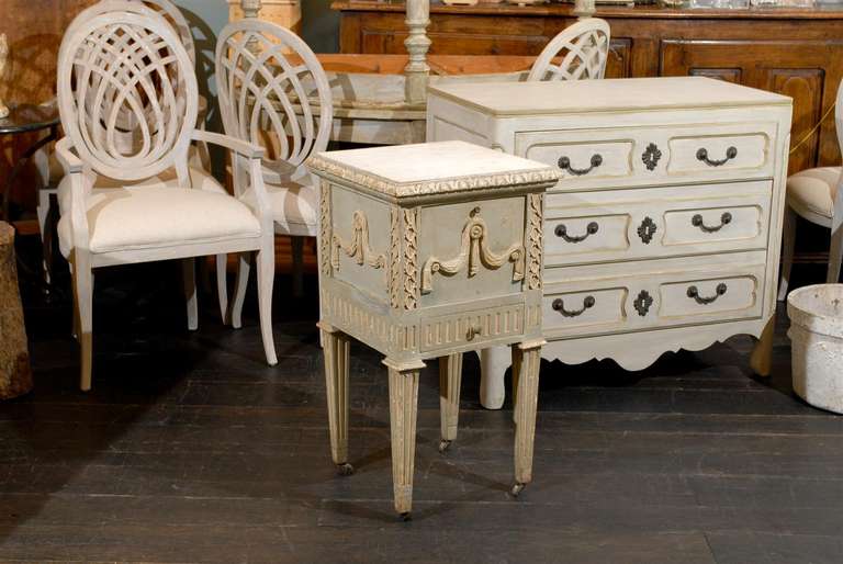 French Drop-Front Nightstand Table on Casters and Marble Top In Good Condition In Atlanta, GA