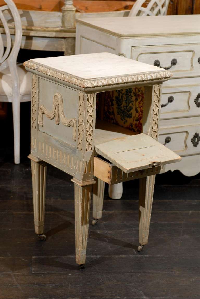 French Drop-Front Nightstand Table on Casters and Marble Top 2