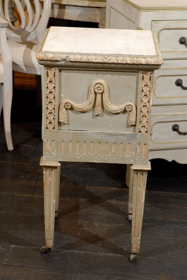 19th Century French Drop-Front Nightstand Table on Casters and Marble Top