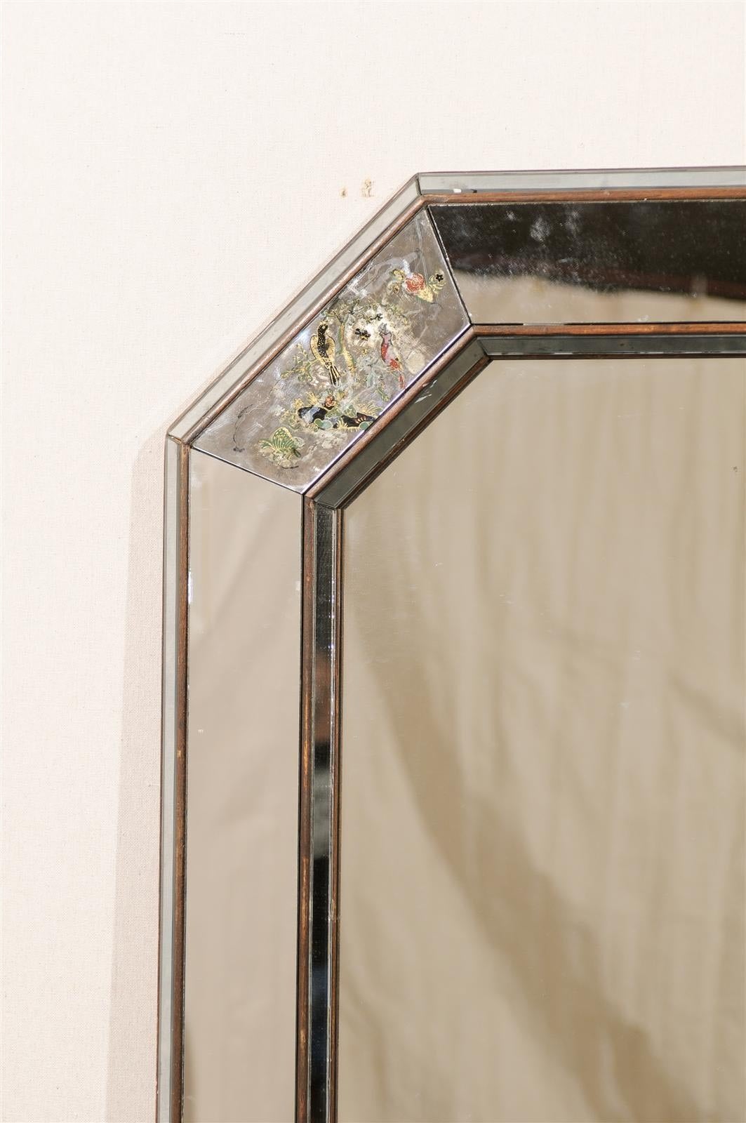 Octagonal Mirror with Exquisite Painted Birds For Sale 2