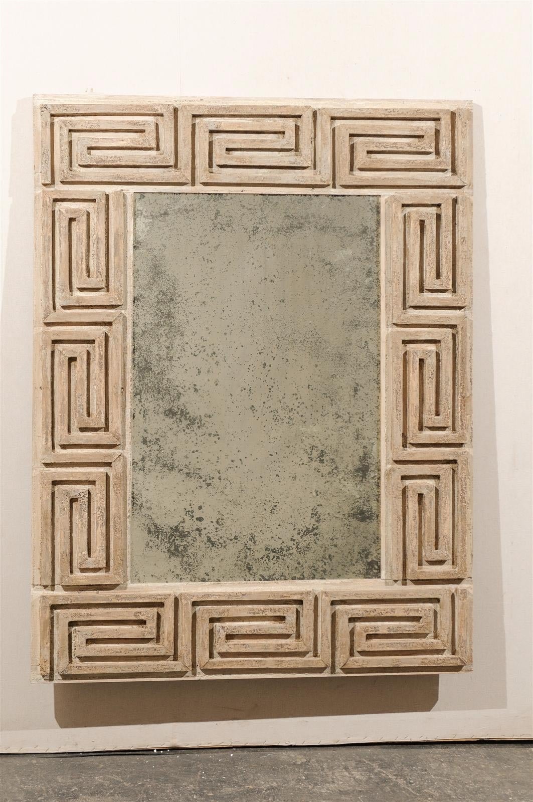 Greek Key Wooden Mirror with Antiqued Glass In Good Condition In Atlanta, GA
