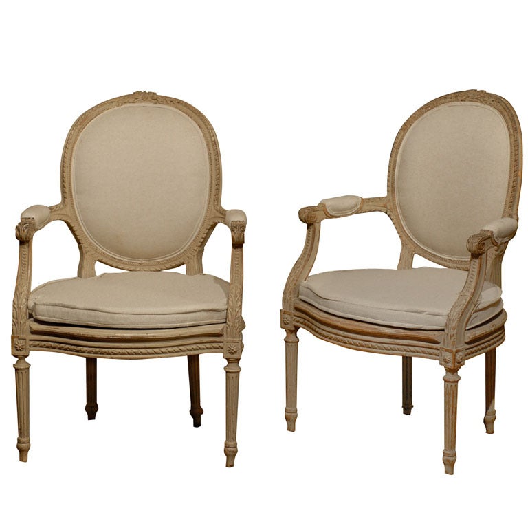 Exquisite Pair of French Oval Back Painted Wood Upholstered Bergeres Chairs