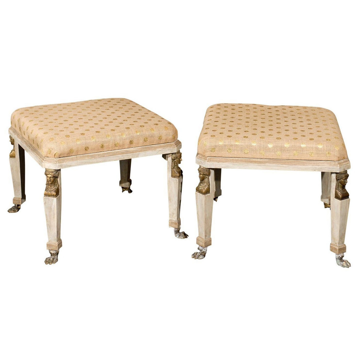 Pair of Neoclassical Style Upholstered Stools in Cream Color with Paw Feet