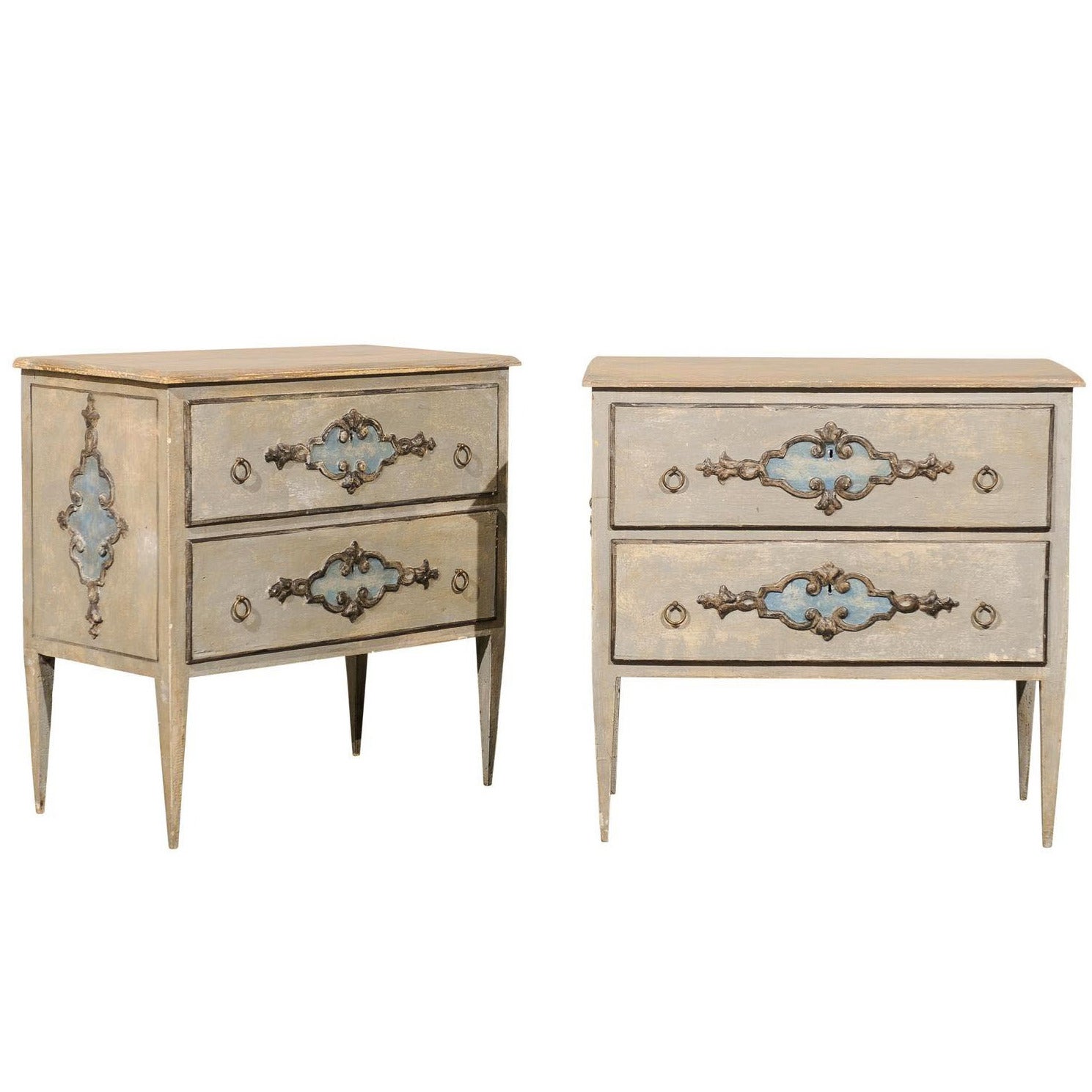 Exquisite Pair of Italian Painted Wood Two-Drawer Chests
