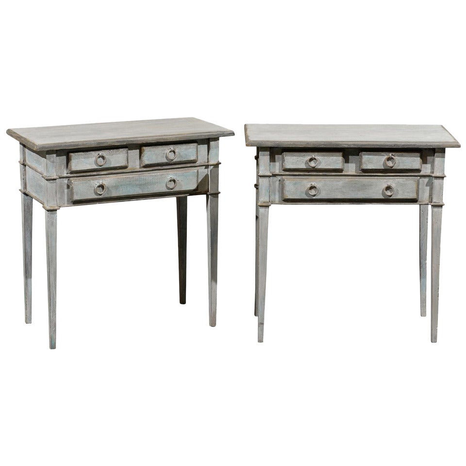 A Pair of Light Blue Three Drawer Side Tables
