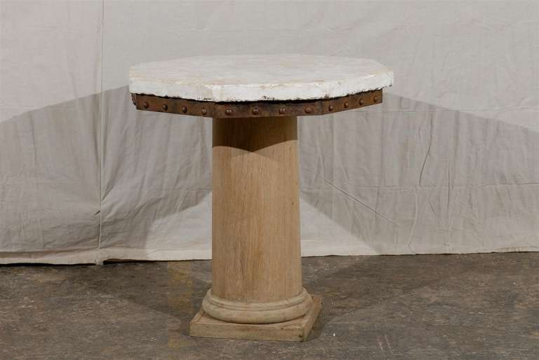 American A Bleached Oak With Stone Top Pedestal Center Table