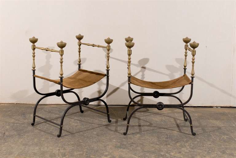Pair of Mid 20th Century Savonarola Chairs, Suede Seats
