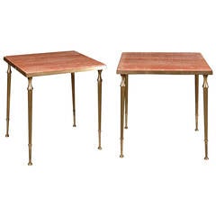 Pair of Red Travertine-Top Drinks Tables