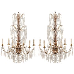 A Pair of Italian 19th Century Crystal Six-Light Chandeliers with Bronze Accents