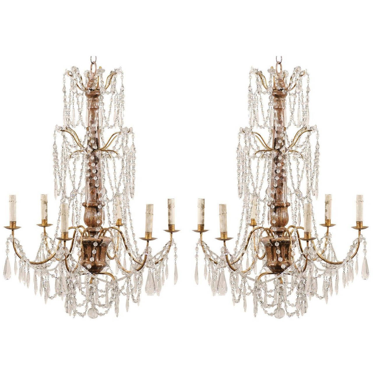 A Pair Of Italian 19th Century Crystal Six Light Chandeliers With A Pair Of Italian 19th Century Crystal Six Light Chandeliers With Bronze Accents For