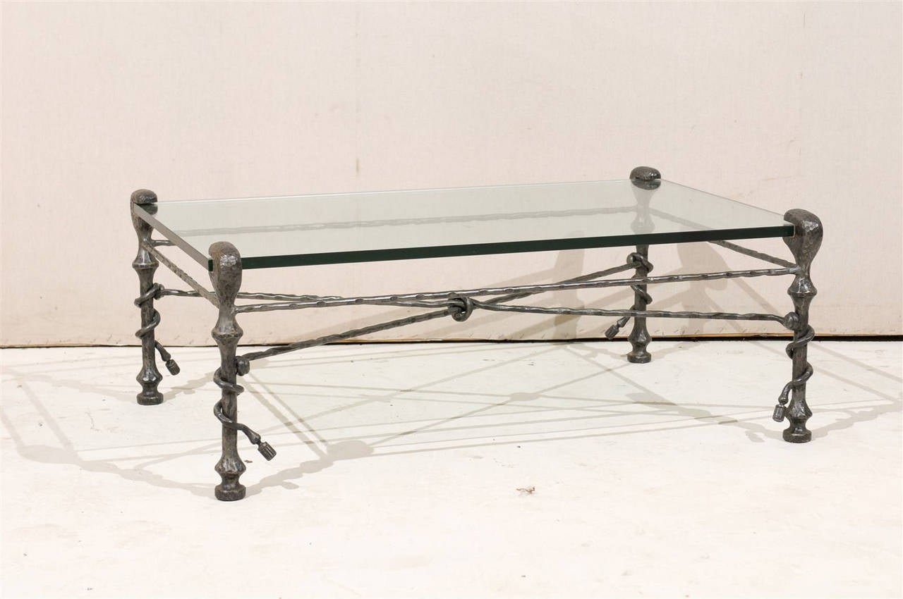 Giacometti Inspired Italian Forged Iron Base and Glass Top Coffee Table