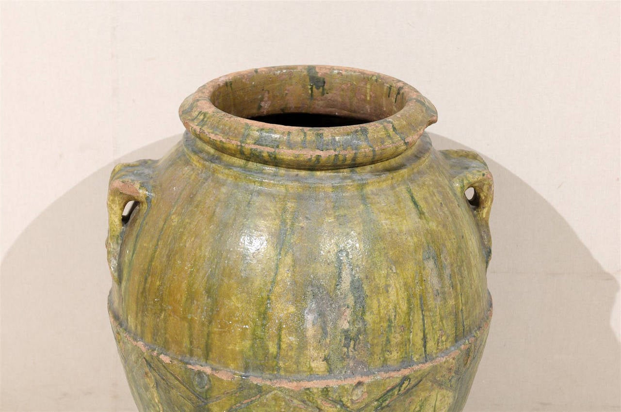 Glazed 18th Century Large Italian Terracotta Jar with Lovely Rich Green Poured Glaze For Sale